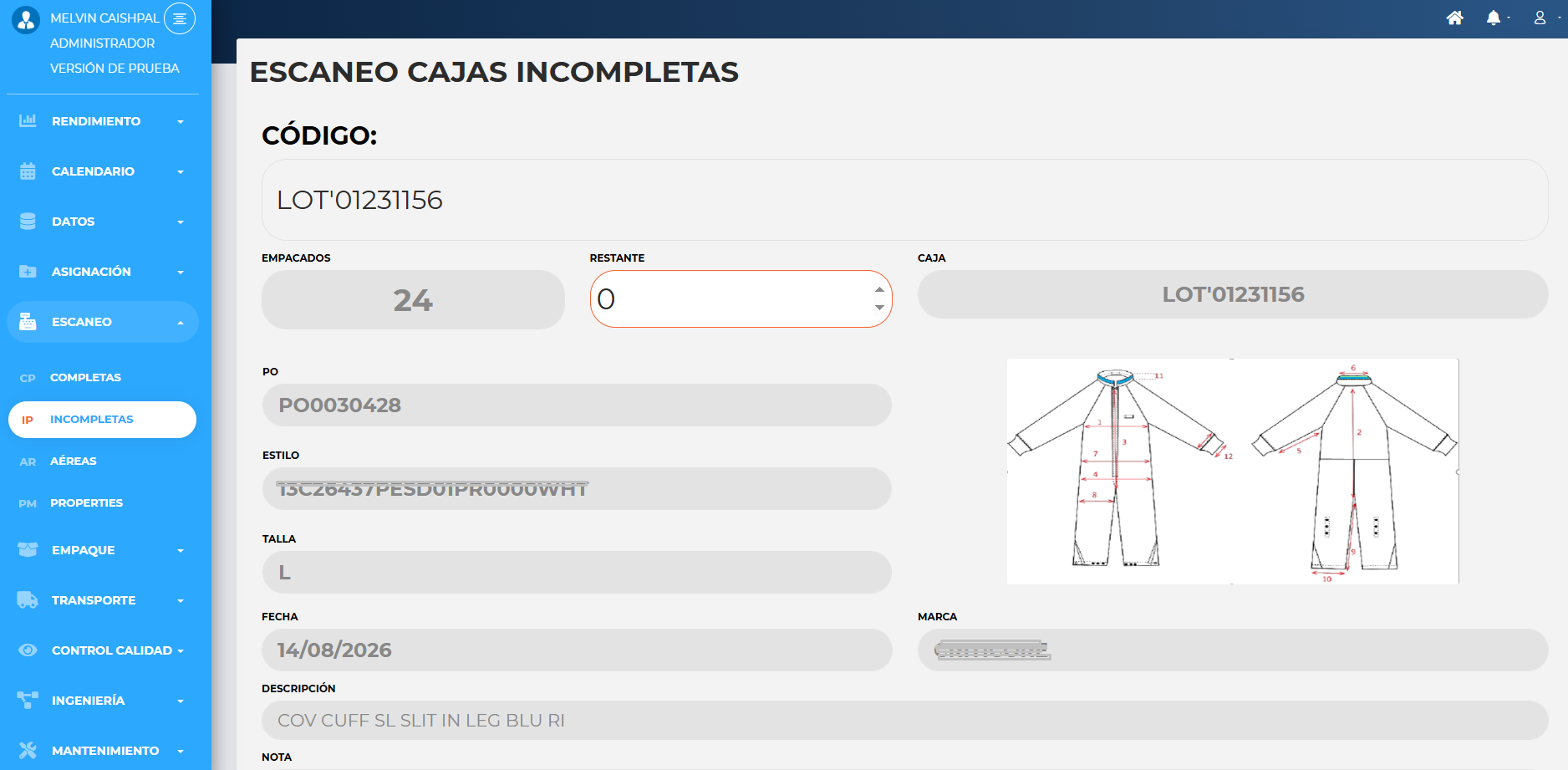 Escaneo de cajas incompletas en Confecta, con la orden de producción, el estilo, la talla y la ficha técnica