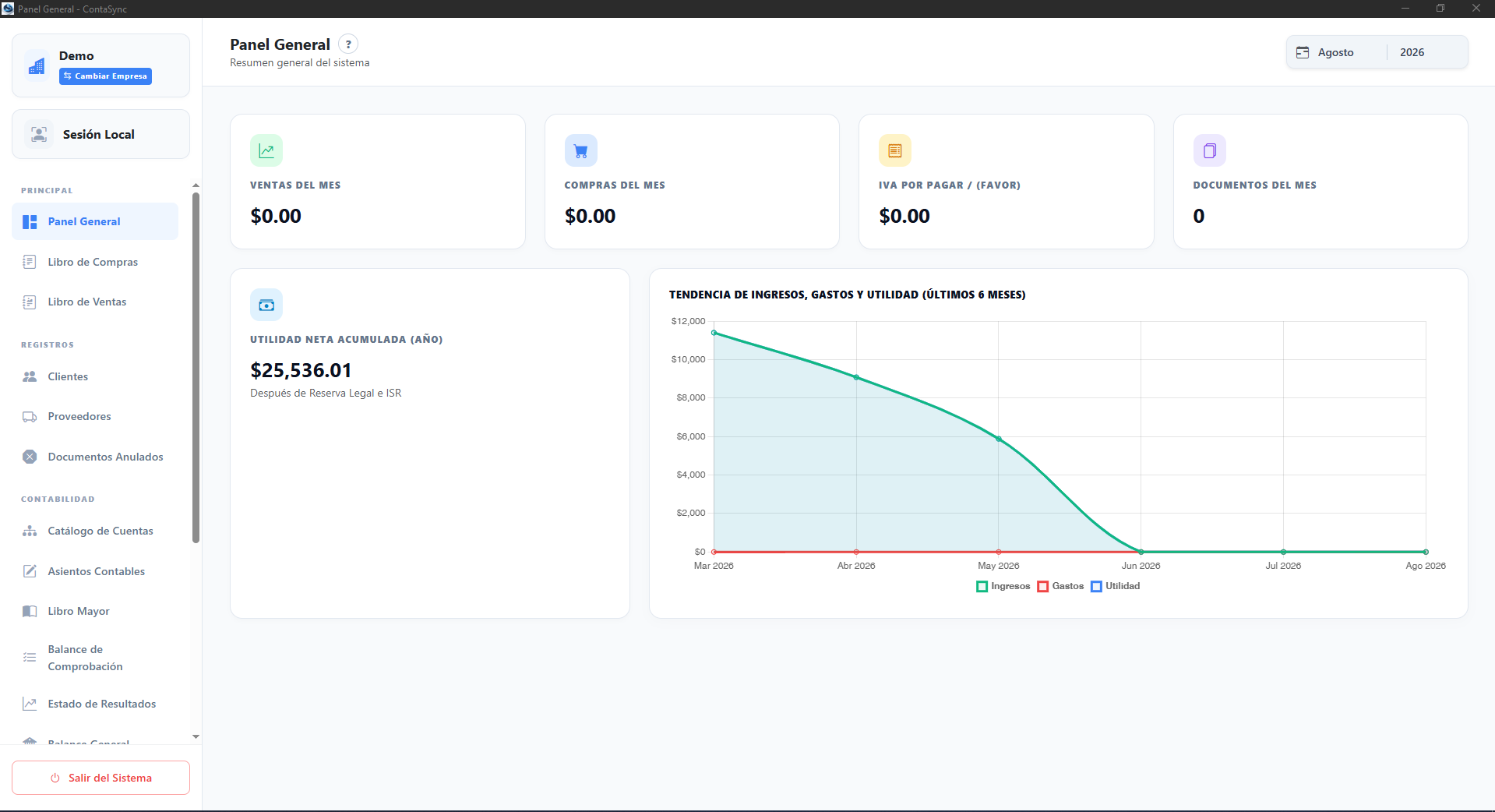 Panel General de ContaSync con las ventas, compras e IVA del mes