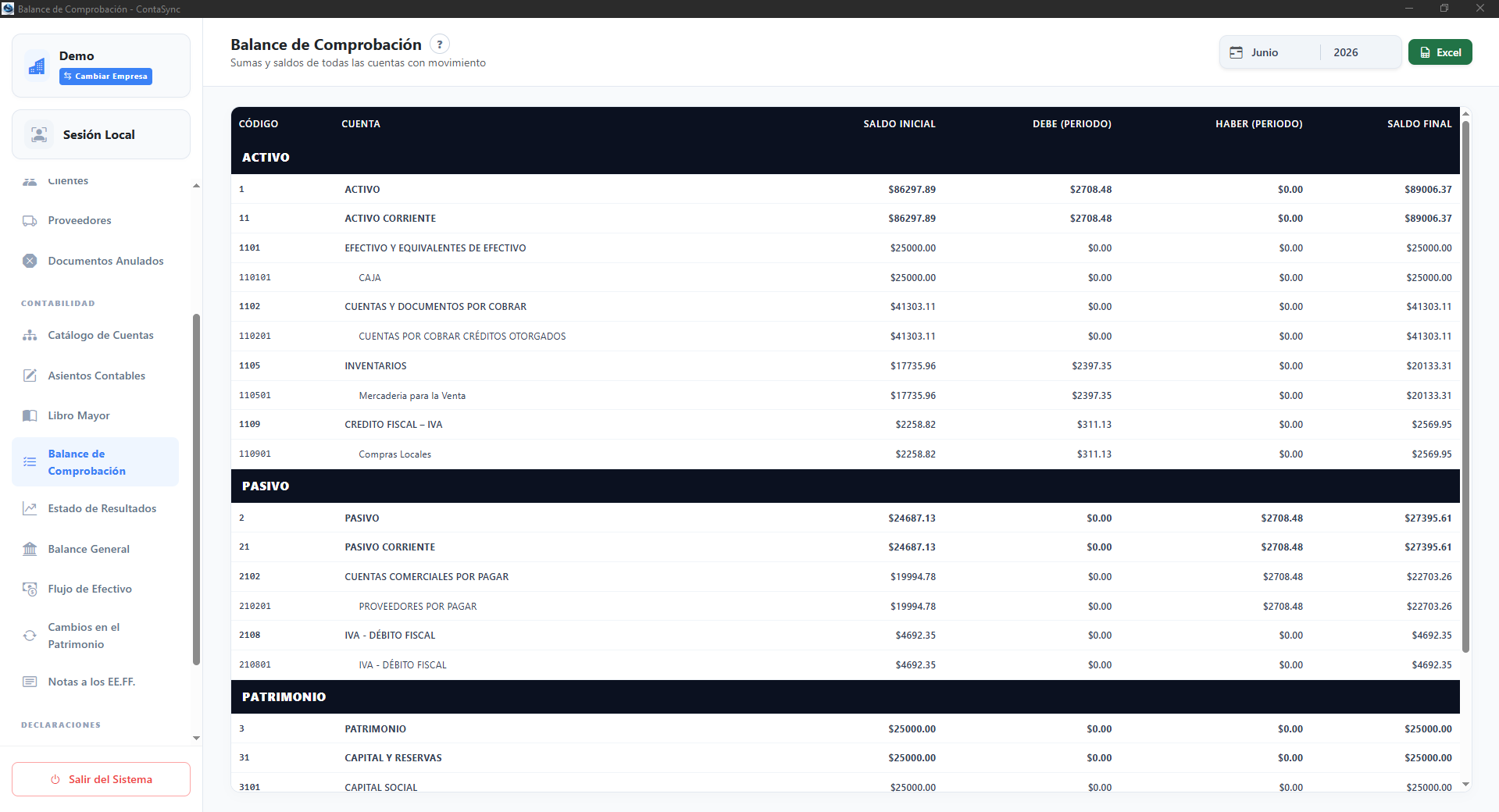 Balance de Comprobación de ContaSync con activo, pasivo y patrimonio, saldo inicial, movimientos del periodo y saldo final