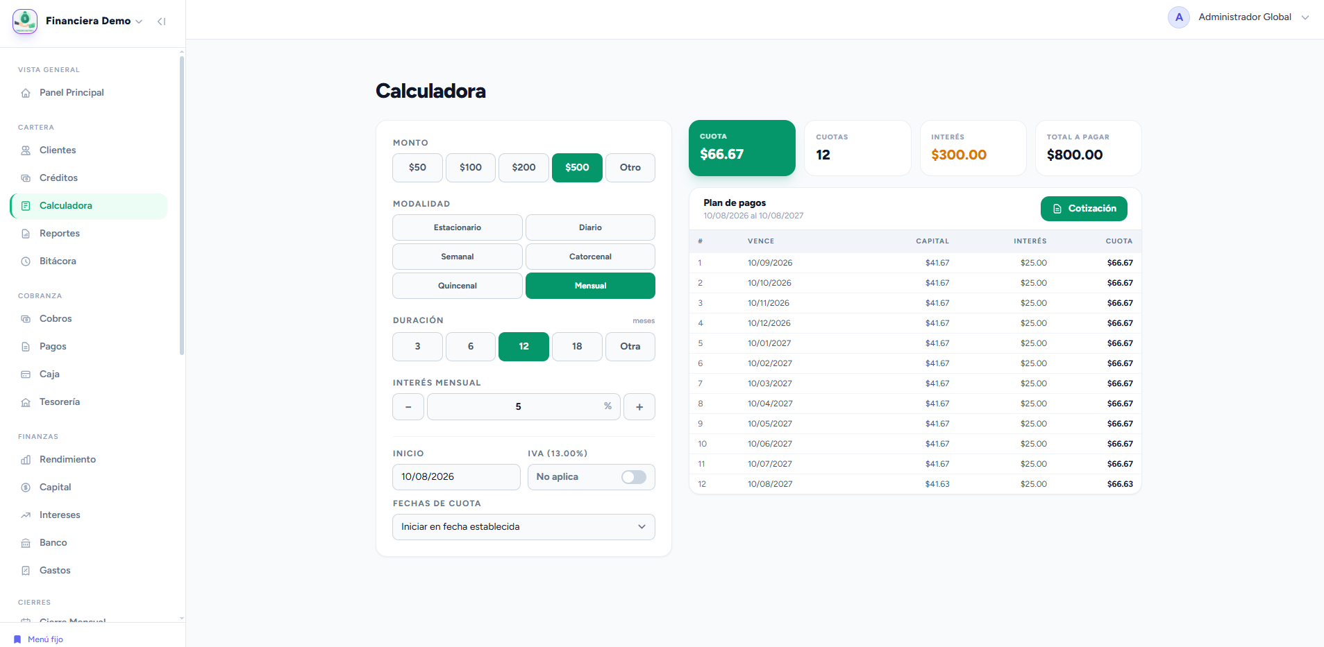 Calculadora de créditos de CrediControl con plan de pagos y cotización