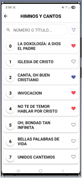 Lista de himnos en la app Himnario Iglesia de Cristo